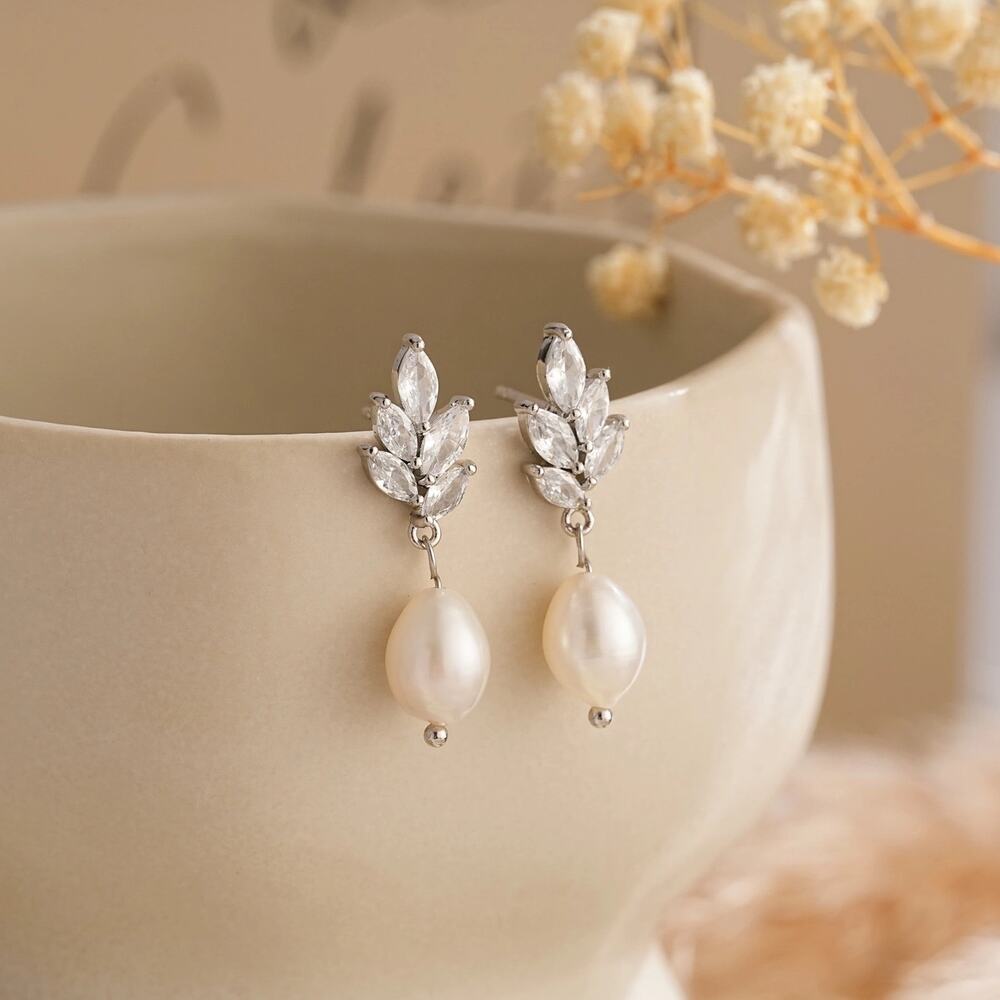 Bridal Freshwater Pearl Drop Earrings with Crystal Leaf Accent